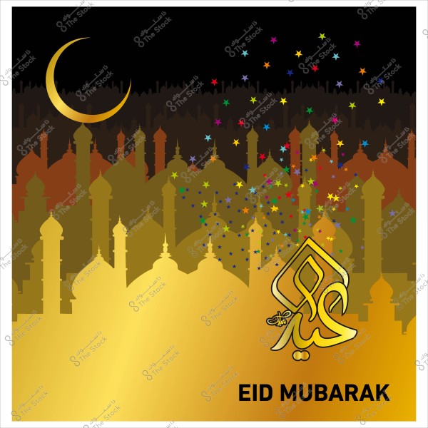 Festive background for Eid Mubarak, featuring crescents, golden color gradients, and silhouettes of minarets, with \"Eid Mubarak\" written in Arabic and English.