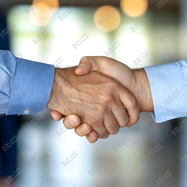 Image of two hands shaking hands, with the person on the left wearing a dark blue striped sleeve shirt and the person on the right wearing a light blue dotted sleeve shirt. The background is blurred with out-of-focus round lights.