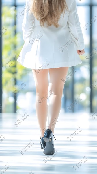 An image showing a woman wearing a short white coat walking away. She has long blonde hair and is wearing black high-heeled shoes. The background is slightly blurred, featuring large windows and natural lighting filling the space.