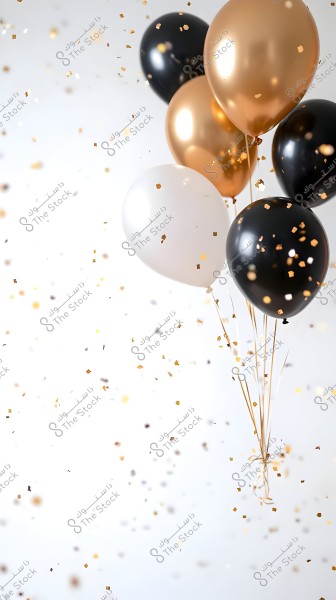 A collection of black, white, and gold balloons floating in the air with golden confetti scattered around them against a white background.