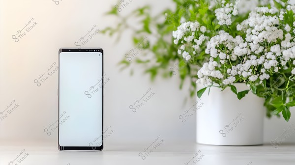 A smartphone with a white screen placed on a surface in front of a background featuring white flowers in a white vase. The flowers are vibrant with dense green leaves.
