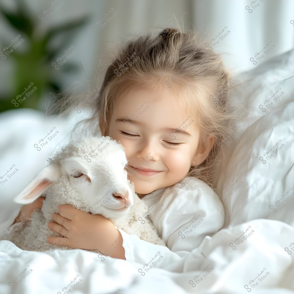 A young child joyfully embraces a small white woolly lamb. The child has her eyes closed and appears content, surrounded by soft white blankets that add to the sense of warmth and serenity. In the background, there are blurred green plants that contribute to the calm and peaceful ambiance.