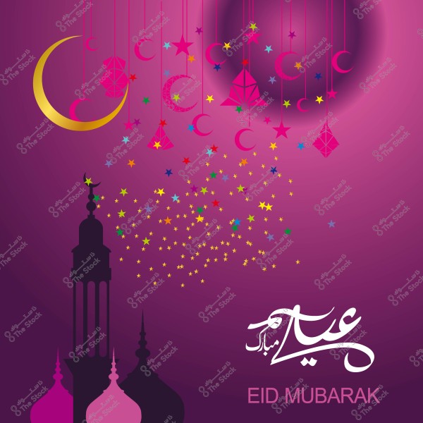 A design featuring crescents, stars, and geometric shapes, with the phrase \"Eid Mubarak\" in Arabic and English on a purple background.