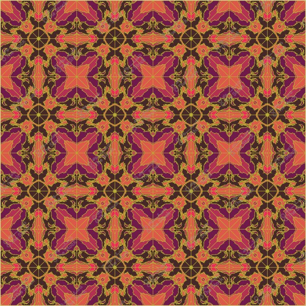 نمط زخرفي هندسي متماثل بألوان برتقالية, أرجوانية وسوداء.