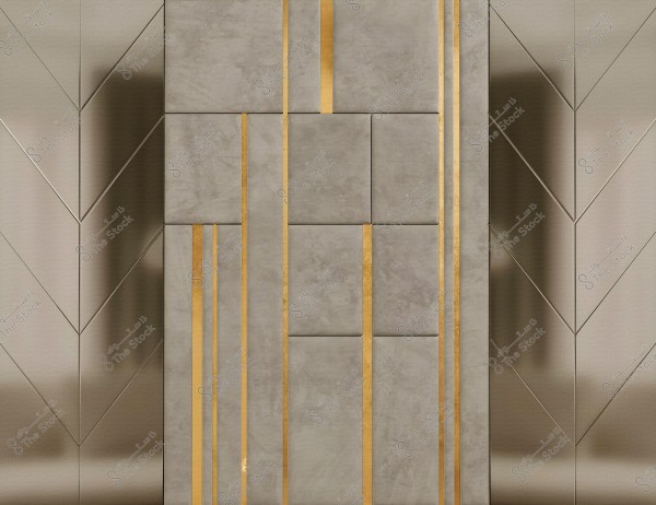 Interior design of a wall featuring shades of gray and olive colors decorated with vertical and horizontal golden lines. The panels are arranged in an artistic geometric manner, giving it a sleek and modern appearance.