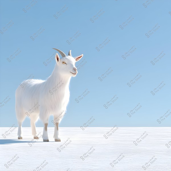 An image of a white goat standing on a flat surface, with a background of clear blue sky. The goat has small horns and soft white fur.