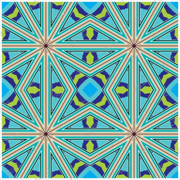 تصميم هندسي متكرر بألوان زرقاء وخضراء ونمط نجمي متماثل.
