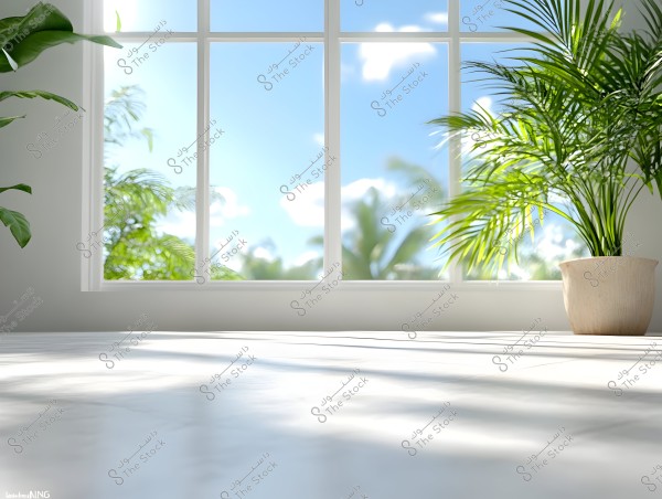 An interior view of a room lit by daylight through a large window, revealing a blue sky with some clouds and outdoor tree leaves. A large potted plant is situated in the corner of the image, casting a shadow on the floor.