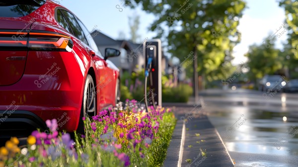 The image shows a red car parked next to a sidewalk adorned with colorful flowers. The car is connected to an electric charger. In the background, houses and a wet road with light reflections on the asphalt are visible, with green trees adding to the scene under a clear sky.