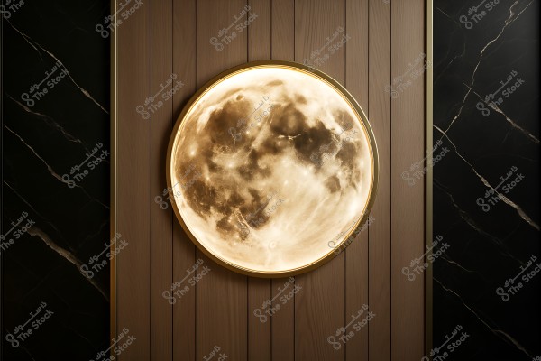 Image of a circular wall lamp illuminated to resemble the moon, mounted on a vertical wooden panel with black marble walls on both sides. The moon appears with distinctive details, surrounded by a warm glow.
