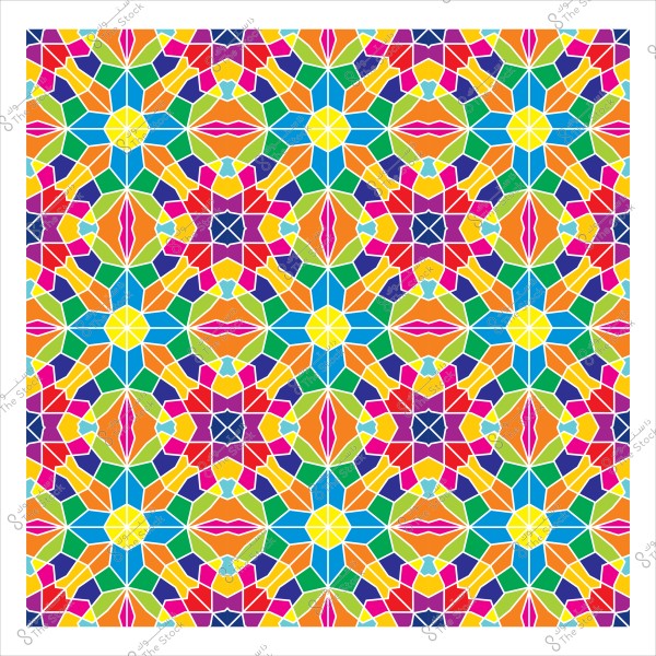 A geometric design with vibrant colors forming an Islamic pattern reflecting traditional Islamic art. The design features a repetition of complex shapes in red, blue, green, yellow, orange, and purple.

-