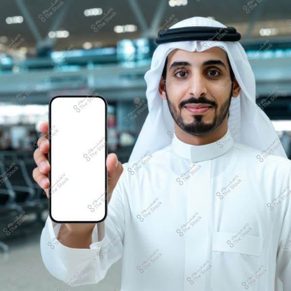 Image of a man wearing traditional Gulf attire, including a thobe, ghutra, and agal, standing in a modern airport. He is holding a smartphone with a blank screen in front of him. Airport seating and blurred lights are visible in the background.