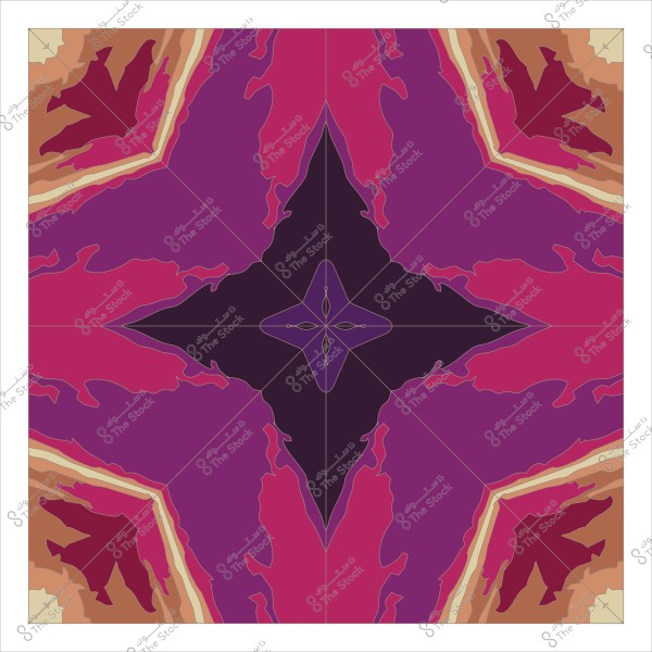 تصميم هندسي متماثل بألوان الخمري والأرجواني والبني مع تفاصيل معقدة وزخارف نباتية.