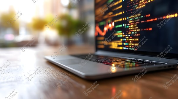 An image of a laptop placed on a wooden surface. The screen displays a set of coding scripts in colors red, orange, blue, and yellow, suggesting programming or data analysis work. The background is blurred, indicating an indeterminate indoor setting.