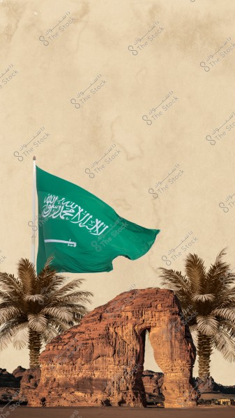 The image shows a green flag of Saudi Arabia waving between palm trees and a famous rock formation resembling an elephant, located in Al-Ula. The background is light brown.