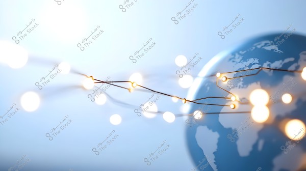 Image showing a portion of a blue globe with a network-like connecting line. The interwoven glowing lines represent global distribution or connectivity on a light blue background.