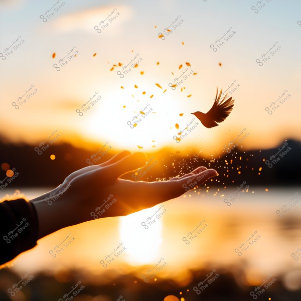 An image of a hand extended into the air at sunset, where small bird-like creatures resembling hummingbirds fly away from the palm. Tiny pieces resembling leaves or glowing lights are scattered around, with a background of reflective water and an indistinct horizon. Warm sunset colors fill the scene.