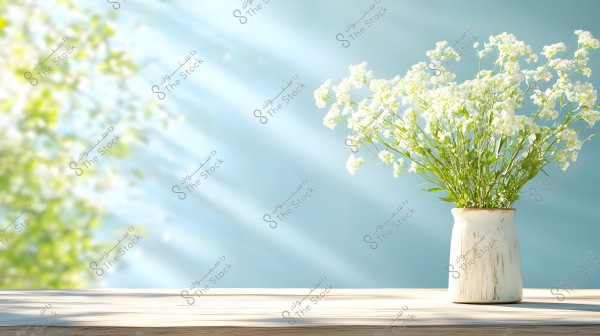 A white wooden vase containing delicate white flowers and green leaves, placed on a light-colored wooden surface. The background is a soft blue with gentle light shining from the left, creating a calm and natural atmosphere.