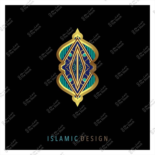 تصميم إسلامي بزخرفة هندسية بألوان زرقاء وذهبية في وسط خلفية سوداء.