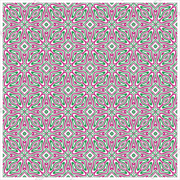 Symmetrical decorative design with pink and green colors on a white background, forming repeating patterns with geometric shapes.