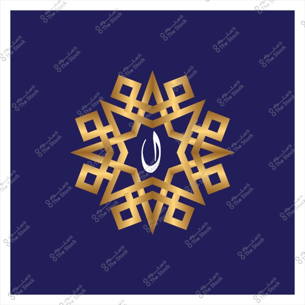 تصميم زخرفي ذهبي على شكل نجمة بزخارف هندسية وحرف عربي بالمنتصف, على خلفية زرقاء.