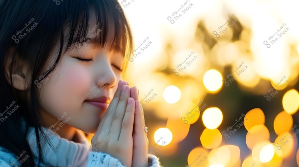 صورة لفتاة صغيرة بأعين مغمضة ويدين مضمومتين في وضع يشبه الصلاة. ترتدي سترة صوفية وتبدو ملامحها هادئة ومستريحة. الخلفية مضاءة بأضواء بوكيه ذهبية تعطي إحساسًا بالدفء والسكينة.