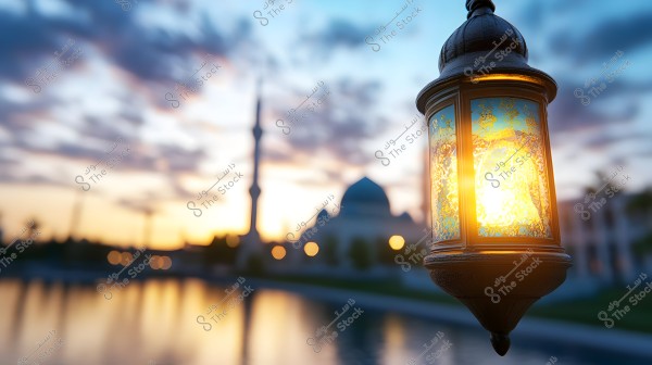 A lit traditional lantern with decorative patterns and a glass casing, hanging in the foreground. In the background, a mosque with a dome and a minaret is visible during sunset. The sunset light reflects on the surrounding water surface, with the sky painted in blue and purple hues.