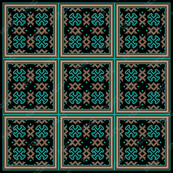 نمط إسلامي هندسي مكون من مربعات مرتبة, يحتوي على تصميمات معقدة بألوان فيروزي وبني على خلفية سوداء.