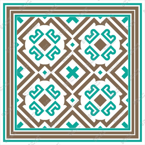 نمط هندسي مزخرف بألوان بني وأزرق فيروزية, مع أشكال دائرية ومربعات متشابكة.