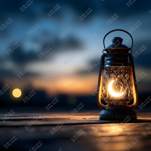 A decorative metal lantern stands on a wooden surface at sunset, illuminated with a crescent-shaped reflection. In the background, the sky features distinctive sunset colors with some clouds on the horizon and a distant light glow to the left.