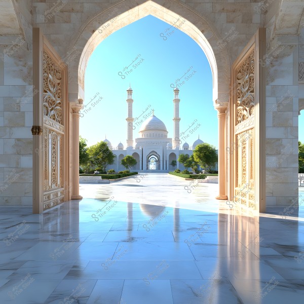 An image of a magnificent mosque viewed through an open ornate wooden gate, leading to a spacious courtyard with a shiny marble floor. In the foreground, the mosque features a large white dome and two tall minarets under a clear blue sky. Surrounding the mosque are green trees and a garden in the background. The atmosphere appears bright and sunny.