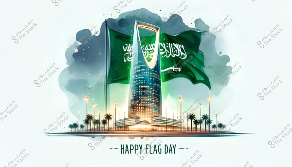 Image of the iconic Kingdom Tower in Riyadh, Saudi Arabia, prominently displayed in the center surrounded by palm trees. Two Saudi flags are waving behind the tower, with the phrase \"Happy Flag Day\" written at the bottom of the image.