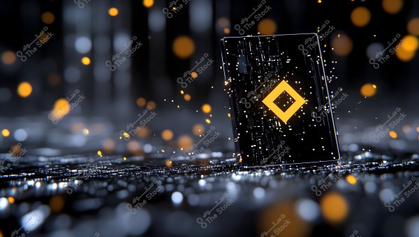 An abstract digital image depicting a square panel with a geometric design featuring a yellow square, surrounded by a pattern of glowing dots. The panel appears to be suspended in a dark space with orange speckles and twinkling lights around it, giving a futuristic and high-tech appearance.