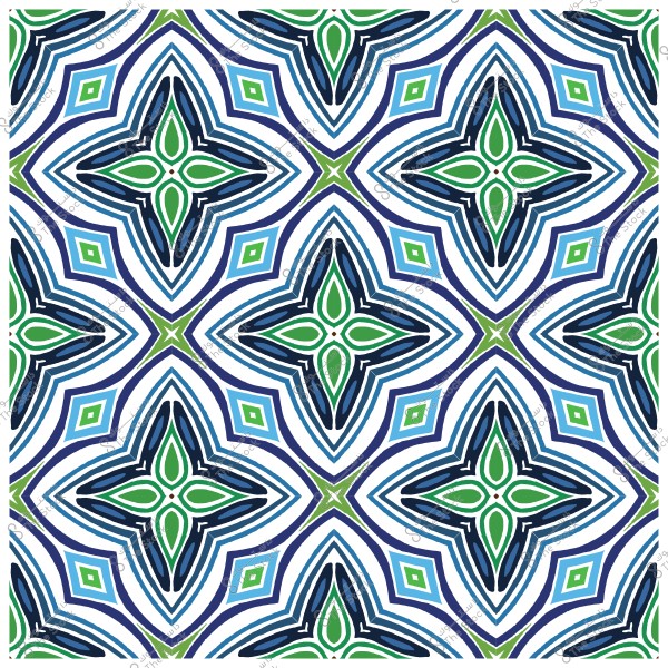 نمط هندسي متماثل يتكون من أشكال متقاطعة وألوان زرقاء وخضراء وسوداء وبيضاء.