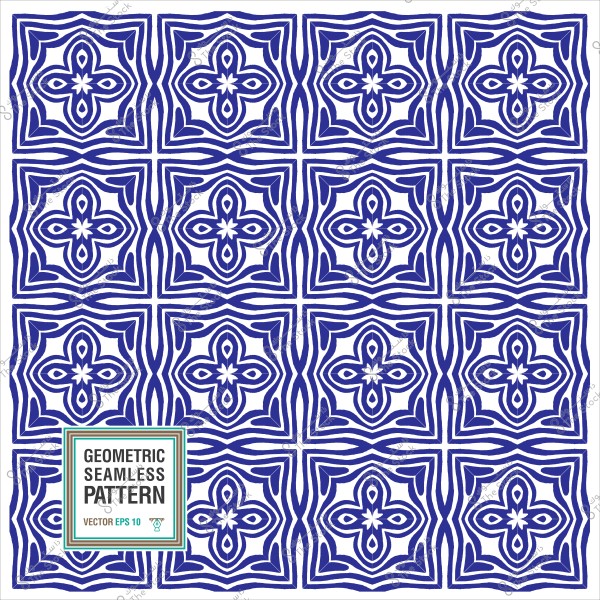 نمط هندسي أزرق متكرر مع تفاصيل زخرفية على خلفية بيضاء.