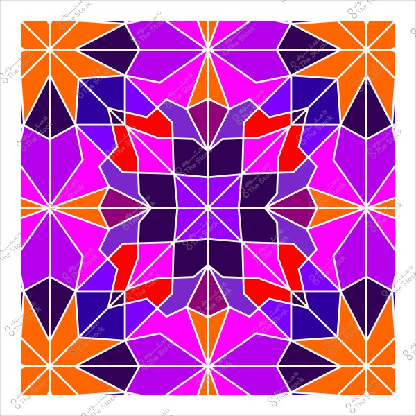 تصميم هندسي متماثل بألوان زاهية يشمل البنفسجي والبرتقالي والأحمر. يظهر التصميم في نمط مكرر يشبه الفنون الإسلامية أو التصاميم الزخرفية.

-