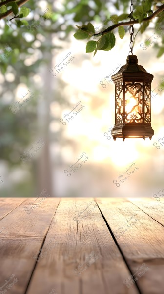 A traditional metal lantern hanging from a tree branch, illuminated by the glow of the setting sun. The ground is old wooden planks, and the background light reflects softly through blurred green leaves.