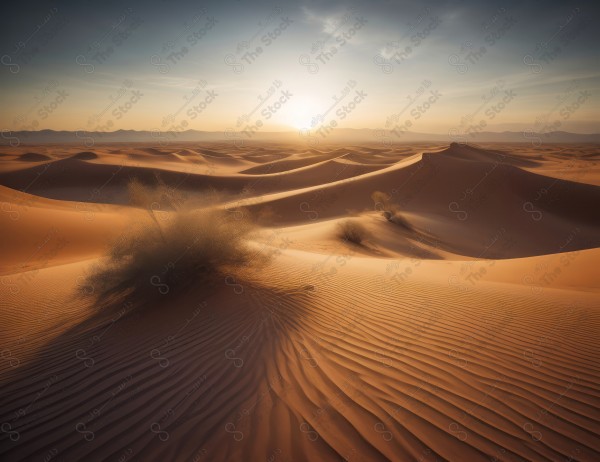 لقطة للكثبان الرملية الذهبية في الصحراء السعودية وتظهر السماء صافية  نهارًا ، الربع الخالي ، مناطق صحراوية، مصممة بواسطة الذكاء الاصطناعي.