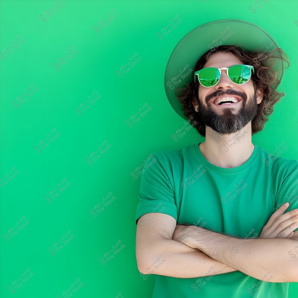 A photo of a smiling man with a beard wearing a hat and reflective sunglasses. He is wearing a green t-shirt and stands against a matching green background, with his arms crossed.