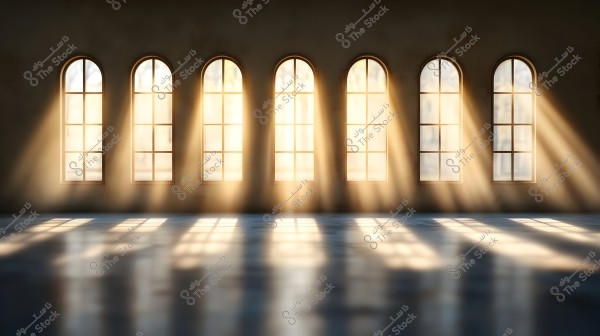 The image shows a set of arched windows on an interior wall, with sunlight streaming through and casting shadows on the floor. The wall and floor have soft and bright colors, creating an atmosphere of calm and tranquility.