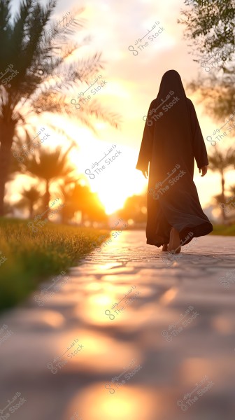 A woman wearing a black abaya is walking on a pathway during sunset. The path is lined with palm trees, and the sun is visible on the horizon, creating long shadows on the ground.