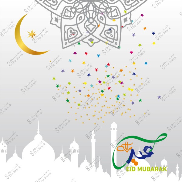 تصميم بطاقة تهنئة بالعيد تحتوي على هلال ذهبي وزخارف إسلامية مع كلمة \"عيد مبارك\" باللغتين العربية والإنجليزية.