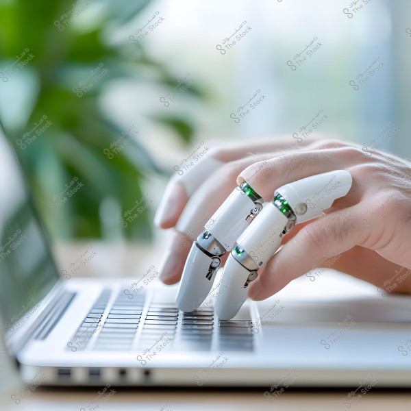 The image shows a human hand wearing prosthetic fingers typing on a laptop keyboard. The prosthetic fingers are white with small green metallic joints. In the background, there is a green plant indicating an office environment.