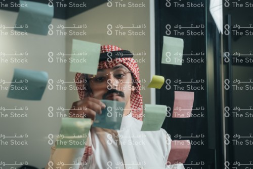 موظف سعودي يرتدي ثوب ويكتب ملاحظات العمل ويثبتها على الزجاج.