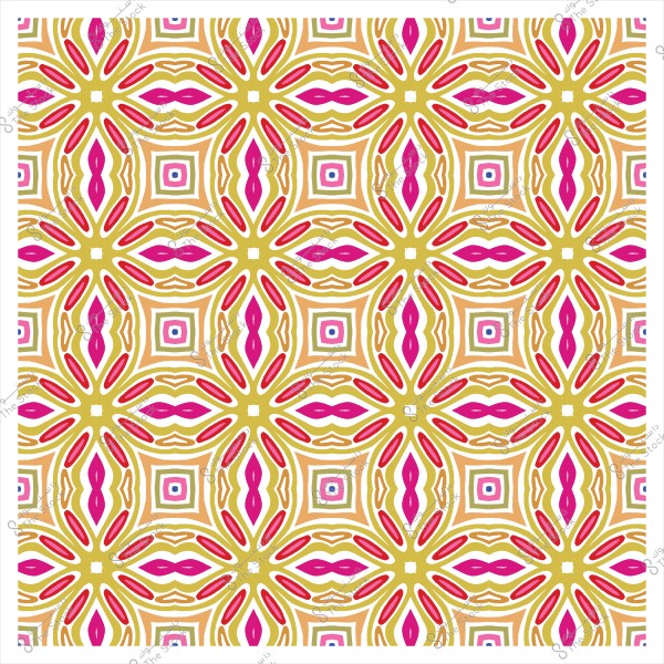 Colorful geometric pattern with pink and gold floral motifs.