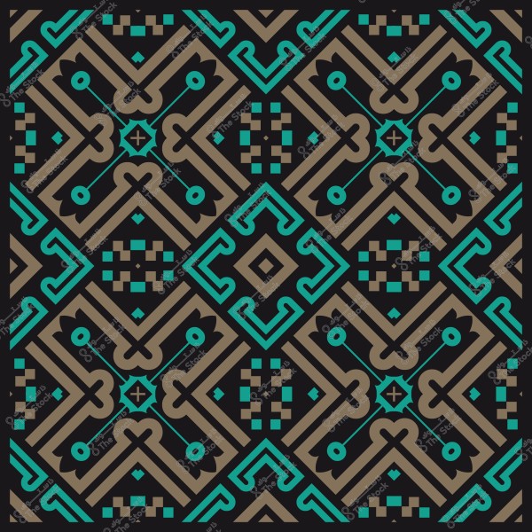 Geometric decorative pattern with turquoise and brown colors on a black background.