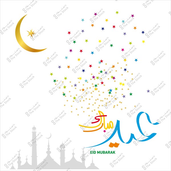 تصميم يظهر عبارة \"عيد مبارك\" بالخط العربي مع هلال ذهبي ونجوم ملونة في السماء وخلفية لمسجد.