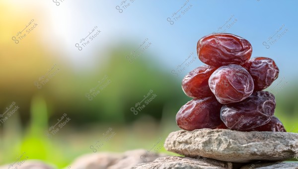 An image of several brown dates piled on top of each other on flat stones, with a blurred natural background blending green and blue colors with natural sunlight.