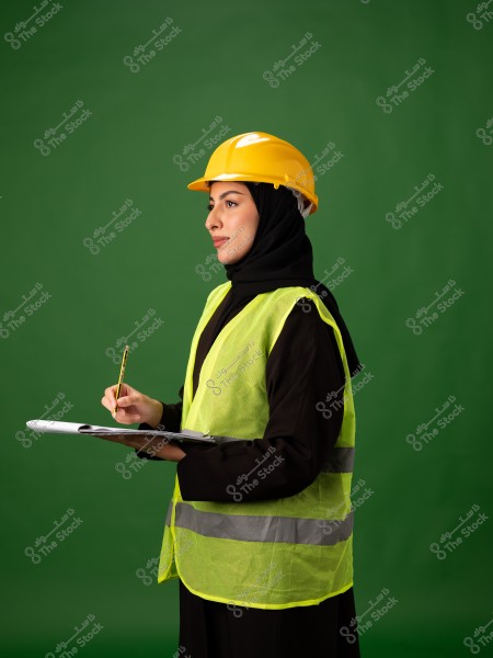 Image of a woman wearing a yellow hard hat, reflective safety vest, and black abaya, standing against a green background. She is holding a notebook and pen, taking notes.