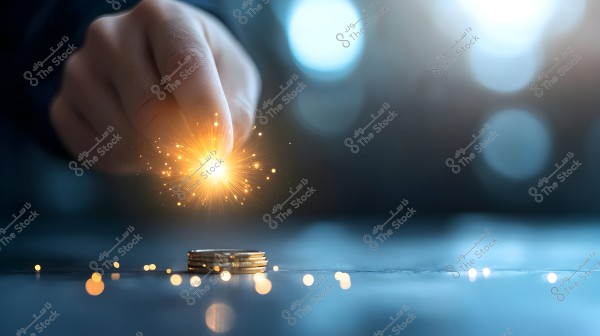 An image of a hand held over a small stack of coins. The hand appears to create a bright, sparkling flare of light dispersing in the air, set against a dark, blurred background with blue hues. The golden light and reflections evoke a sense of magic or energy.